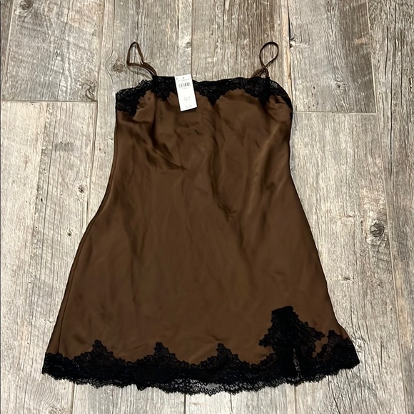 Abercrombie & Fitch Dark Brown Satin Black Lace Trim Slip Mini Dress NWT - Picture 3 of 12